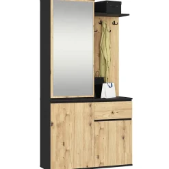 Ensemble de meubles d'entrée ENTRO Noir, Chêne Artisan avec armoire et miroir 95 cm 3 portes 1 tiroir 7 étagères 95x35x183 cm