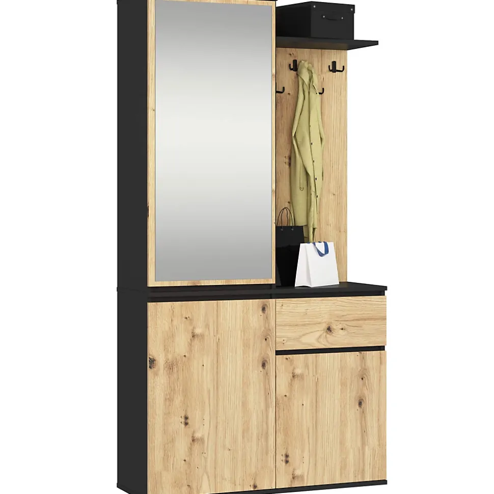 Ensemble de meubles d'entrée ENTRO Noir, Chêne Artisan avec armoire et miroir 95 cm 3 portes 1 tiroir 7 étagères 95x35x183 cm