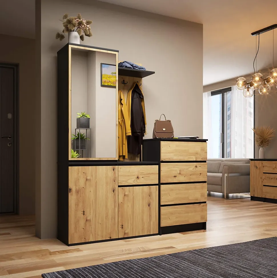 Ensemble de meubles d'entrée ENTRO Noir, Chêne Artisan avec armoire et miroir 95 cm 3 portes 1 tiroir 7 étagères 95x35x183 cm