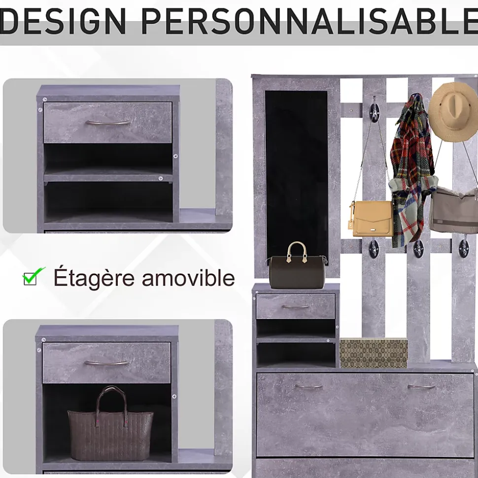 Ensemble de meubles d'entrée design contemporain : meuble chaussures, miroir et panneau porte-manteau effet béton gris