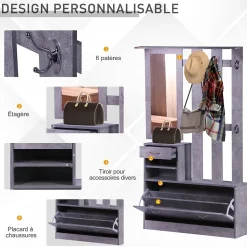 Ensemble de meubles d'entrée design contemporain : meuble chaussures, miroir et panneau porte-manteau effet béton gris