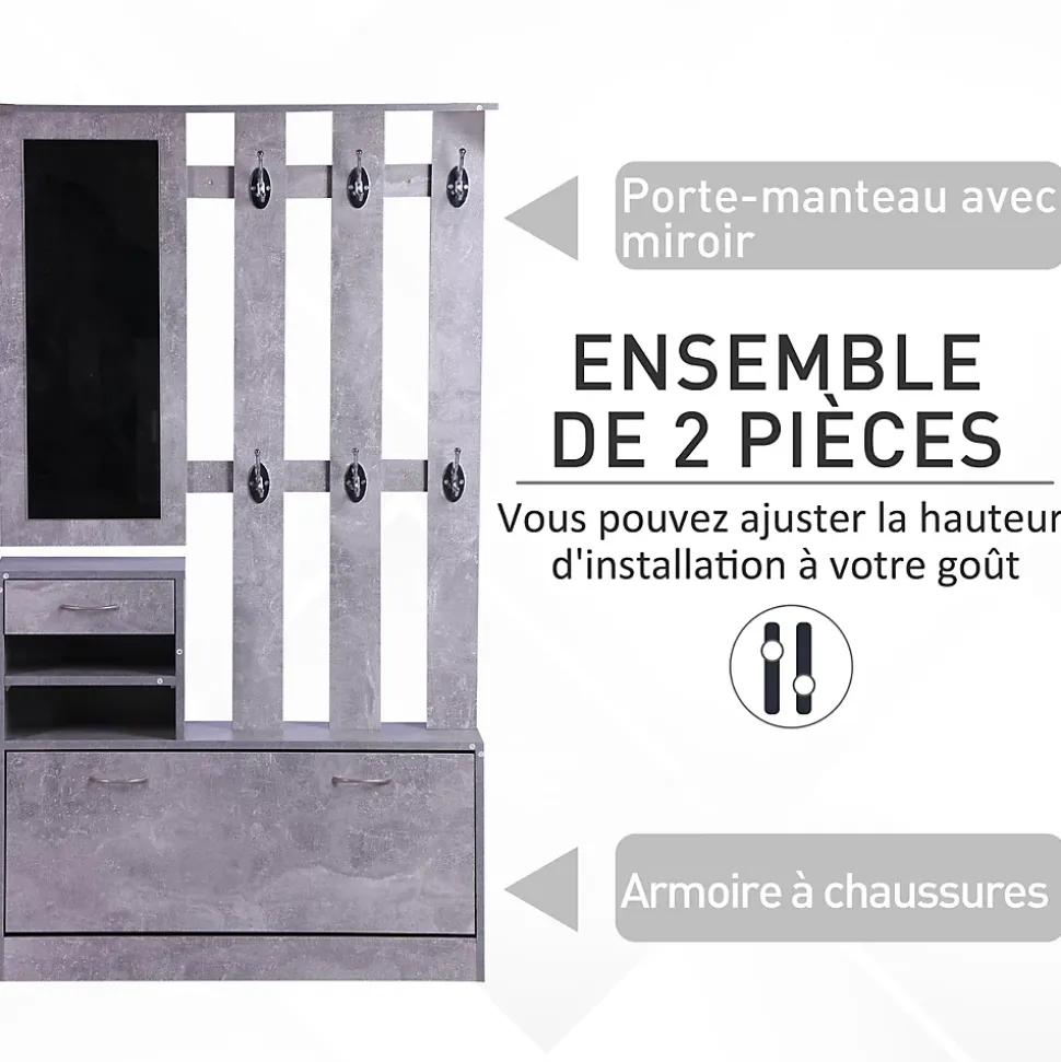Ensemble de meubles d'entrée design contemporain : meuble chaussures, miroir et panneau porte-manteau effet béton gris