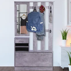 Ensemble de meubles d'entrée design contemporain : meuble chaussures, miroir et panneau porte-manteau effet béton gris