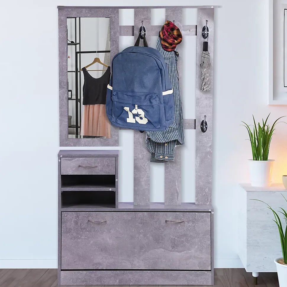 Ensemble de meubles d'entrée design contemporain : meuble chaussures, miroir et panneau porte-manteau effet béton gris