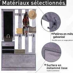 Ensemble de meubles d'entrée design contemporain : meuble chaussures, miroir et panneau porte-manteau effet béton gris