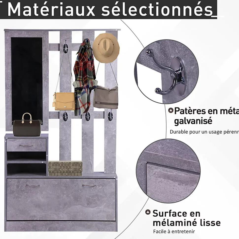 Ensemble de meubles d'entrée design contemporain : meuble chaussures, miroir et panneau porte-manteau effet béton gris