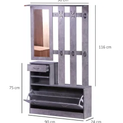 Ensemble de meubles d'entrée design contemporain : meuble chaussures, miroir et panneau porte-manteau effet béton gris