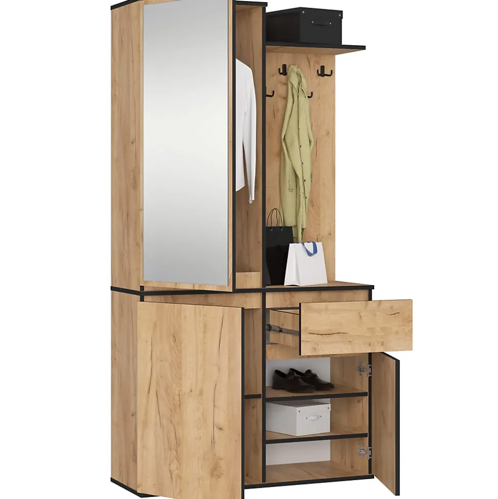 Ensemble de meubles d'entrée ENTRO Chêne Craft avec armoire et miroir 95 cm 3 portes 1 tiroir 7 étagères 95x35x183 cm