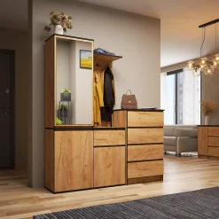 Ensemble de meubles d'entrée ENTRO Chêne Craft avec armoire et miroir 95 cm 3 portes 1 tiroir 7 étagères 95x35x183 cm