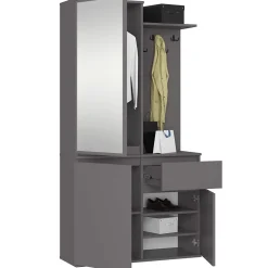 Ensemble de meubles d'entrée ENTRO Gris Graphite avec armoire et miroir 95 cm 3 portes 1 tiroir 7 étagères 95x35x183 cm