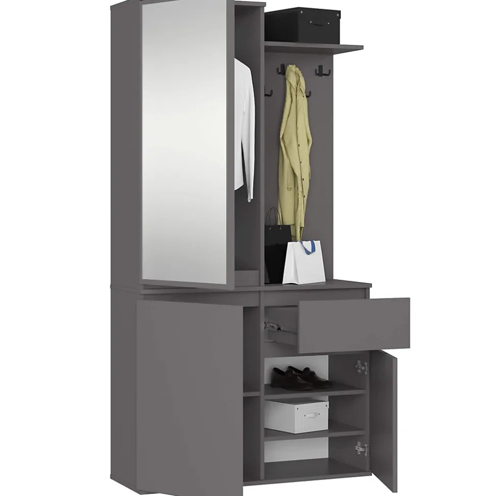 Ensemble de meubles d'entrée ENTRO Gris Graphite avec armoire et miroir 95 cm 3 portes 1 tiroir 7 étagères 95x35x183 cm