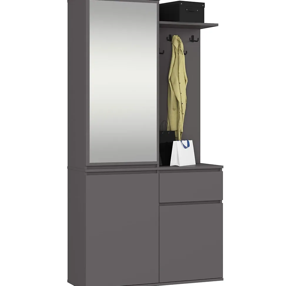 Ensemble de meubles d'entrée ENTRO Gris Graphite avec armoire et miroir 95 cm 3 portes 1 tiroir 7 étagères 95x35x183 cm