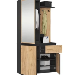 Ensemble de meubles d'entrée ENTRO Noir, Chêne Craft avec armoire et miroir 95 cm 3 portes 1 tiroir 7 étagères 95x35x183 cm