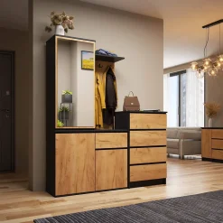Ensemble de meubles d'entrée ENTRO Noir, Chêne Craft avec armoire et miroir 95 cm 3 portes 1 tiroir 7 étagères 95x35x183 cm