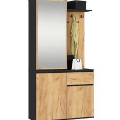 Ensemble de meubles d'entrée ENTRO Noir, Chêne Craft avec armoire et miroir 95 cm 3 portes 1 tiroir 7 étagères 95x35x183 cm