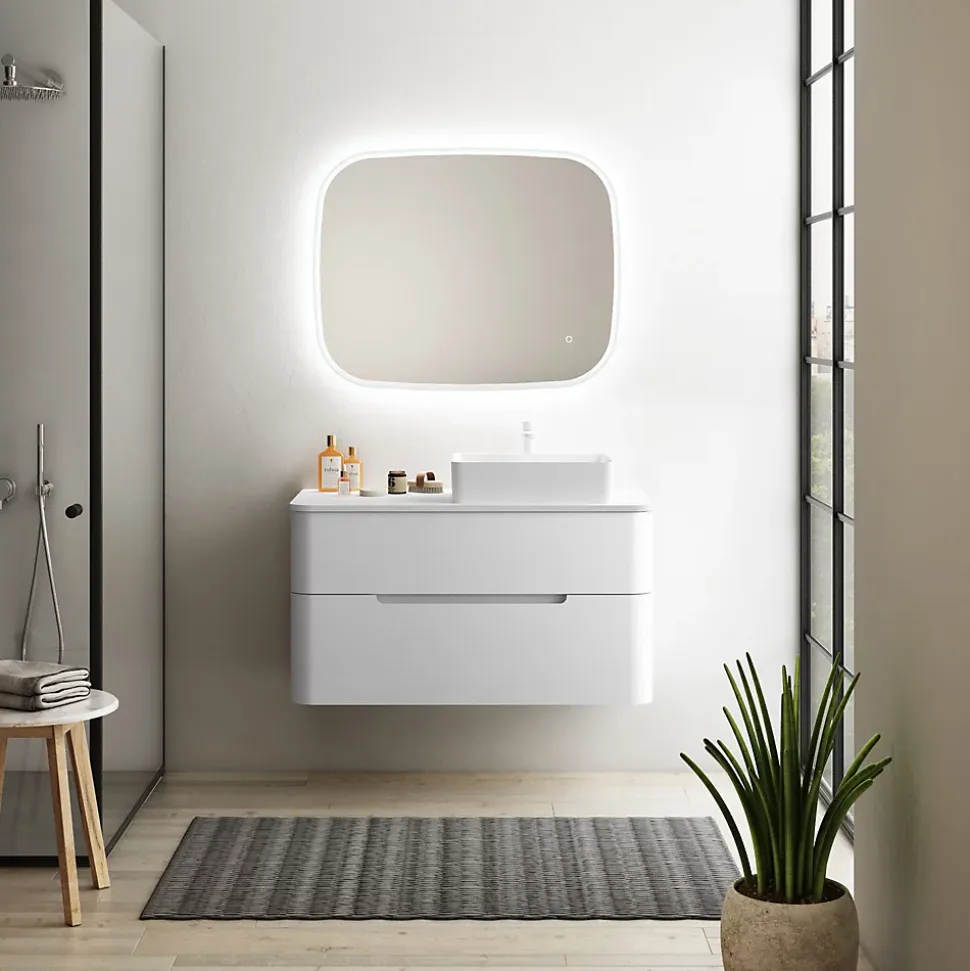 Ensemble de salle de bains L.104 cm meuble sous vasque version droite + plan de toilette blanc mat, Alba
