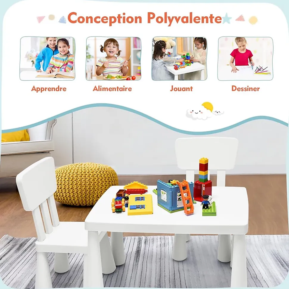 Ensemble de Table et Chaises Table et 2 Chaises en Plastique pour Activités étude Utilisation Intérieure Extérieure Blanc