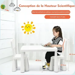 Ensemble de Table et Chaises Table et 2 Chaises en Plastique pour Activités étude Utilisation Intérieure Extérieure Blanc