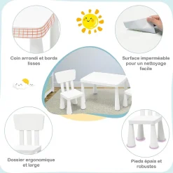 Ensemble de Table et Chaises Table et 2 Chaises en Plastique pour Activités étude Utilisation Intérieure Extérieure Blanc