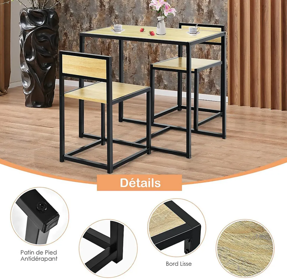 Ensemble de Table et Chaises Compacte et Antiderapante avec Cadre en Metal Table avec 2 Chaises Robuste et Pratique Naturel