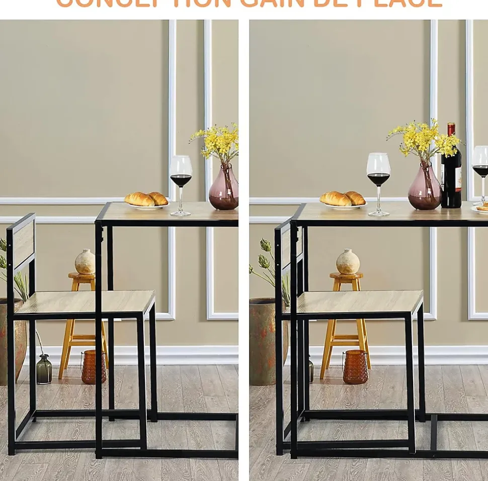 Ensemble de Table et Chaises Compacte et Antiderapante avec Cadre en Metal Table avec 2 Chaises Robuste et Pratique Naturel
