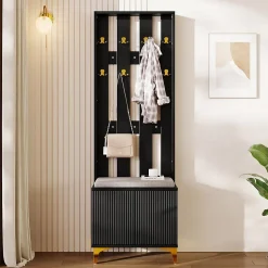 Ensemble d'entrée avec banc et coussin, cloison avec crochets, meuble à chaussures avec tiroirs et portes, blanc ou noir