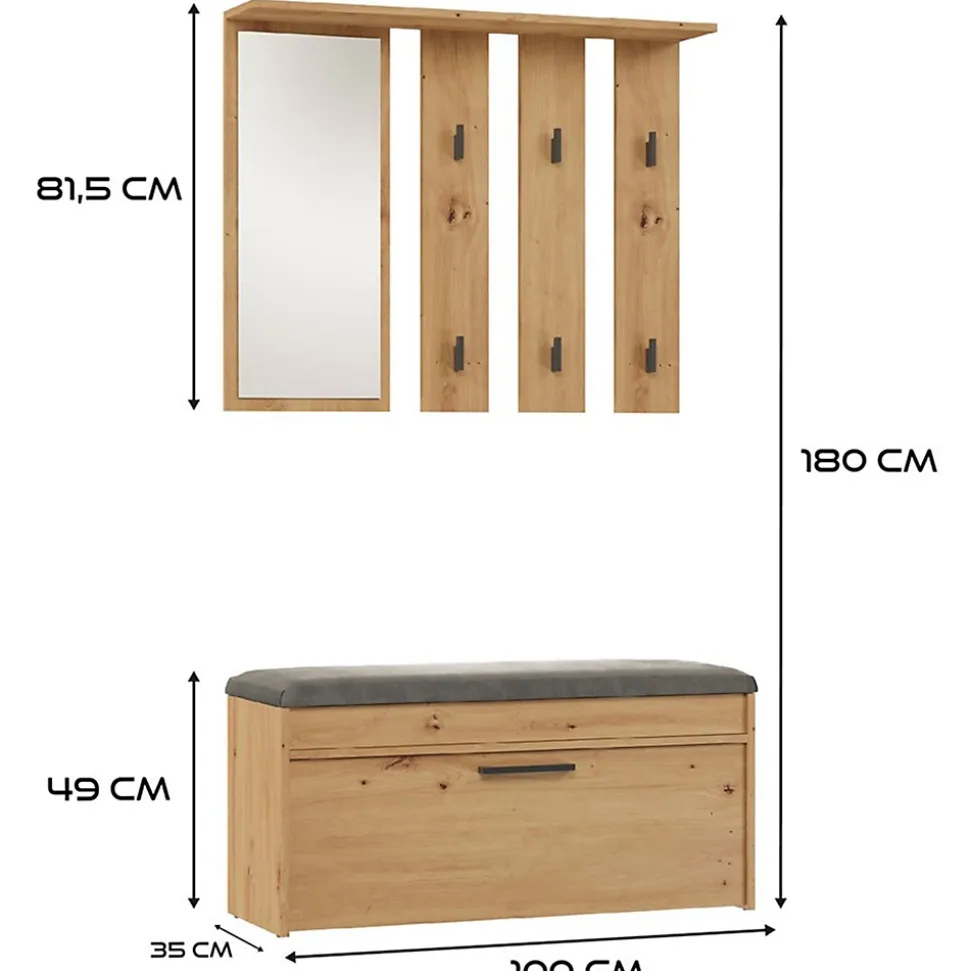 Ensemble d'entrée avec miroir 100 cm PARMANI chêne artisanal
