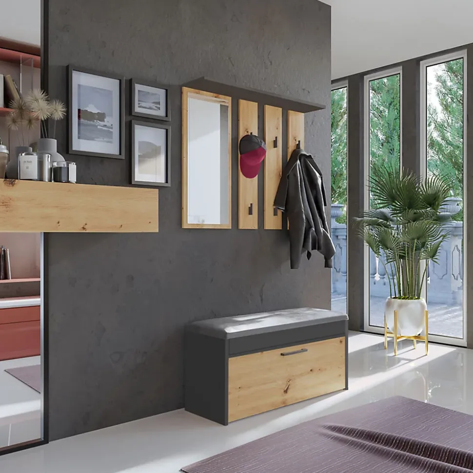 Ensemble d'entrée avec miroir 100 cm PARMANI chêne artisanal/anthracite