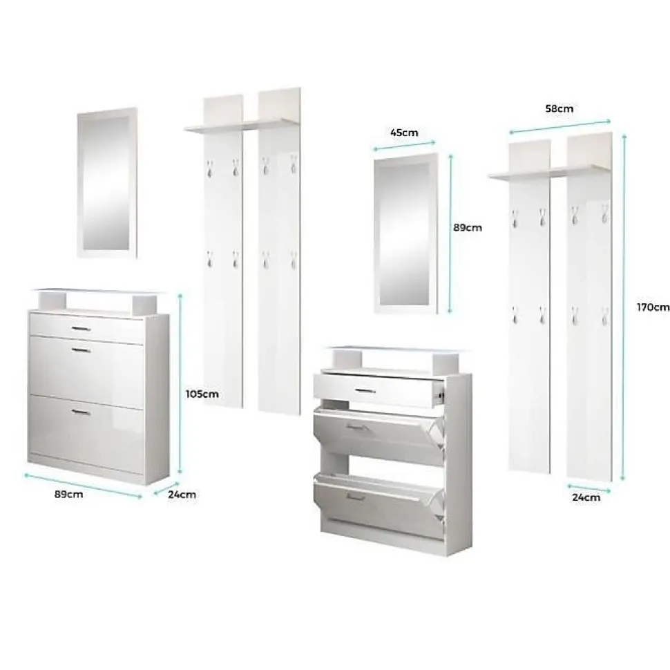 Ensemble d'entrée PAOLA - Blanc/Sonoma brillant - 3 en 1 - Meuble à chaussures, porte-manteau, miroir - Meuble: H105xL89xP24 cm
