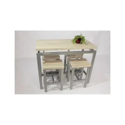 Ensemble design table haute, bar et 4 tabourets LE MANS. Set moderne type industriel, bois et métal.