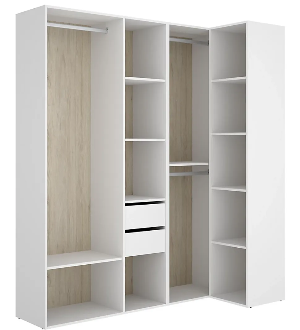 Ensemble dressing d'angle avec 2 tiroirs et fond d'arrière réversible coloris chêne naturel, blanc