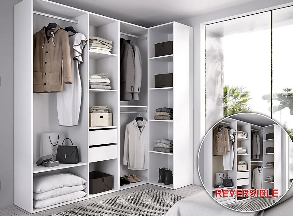 Ensemble dressing d'angle avec 2 tiroirs et fond d'arrière réversible coloris chêne naturel, blanc