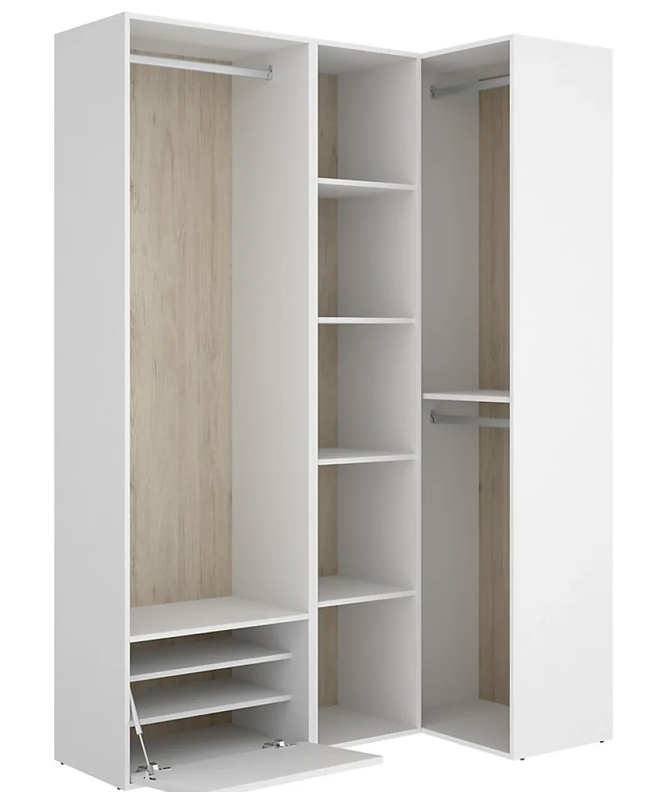 Ensemble dressing d'angle avec portes à chaussures et fond d'arrière réversible coloris chêne naturel, blanc