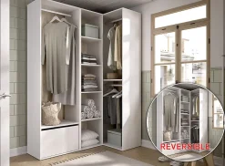 Ensemble dressing d'angle avec portes à chaussures et fond d'arrière réversible coloris chêne naturel, blanc