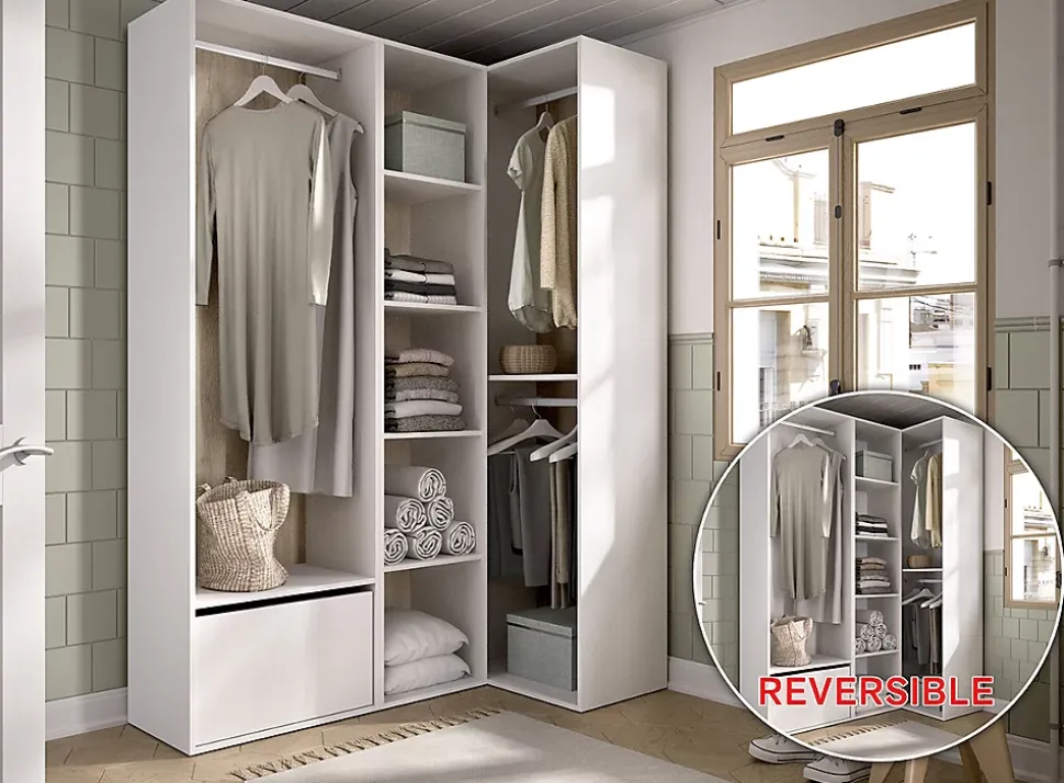 Ensemble dressing d'angle avec portes à chaussures et fond d'arrière réversible coloris chêne naturel, blanc