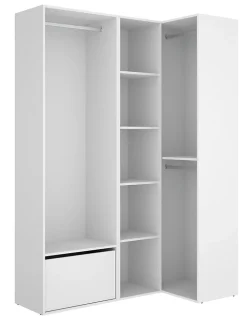 Ensemble dressing d'angle avec portes à chaussures et fond d'arrière réversible coloris chêne naturel, blanc