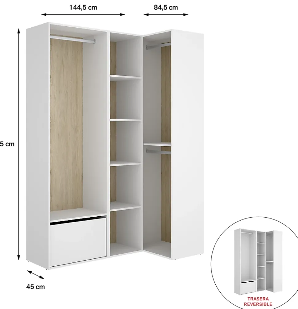 Ensemble dressing d'angle avec portes à chaussures et fond d'arrière réversible coloris chêne naturel, blanc