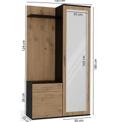 Ensemble entree avec miroir 100 cm chene artisan et gris Duvio