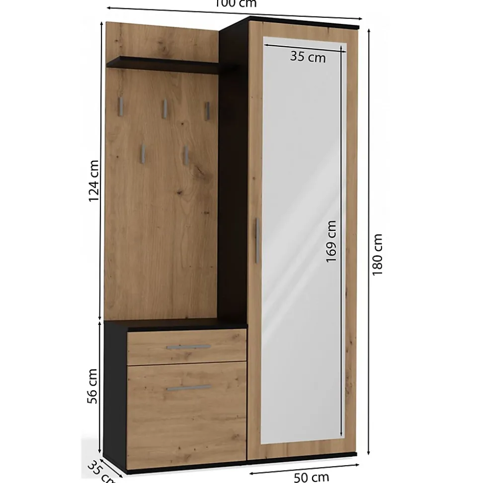 Ensemble entree avec miroir 100 cm chene artisan et gris Duvio