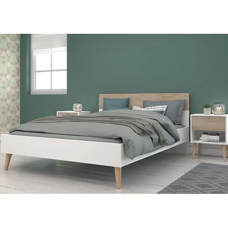 Ensemble lit AALBORG PARISOT 160x200 scandinave blanc et chêne