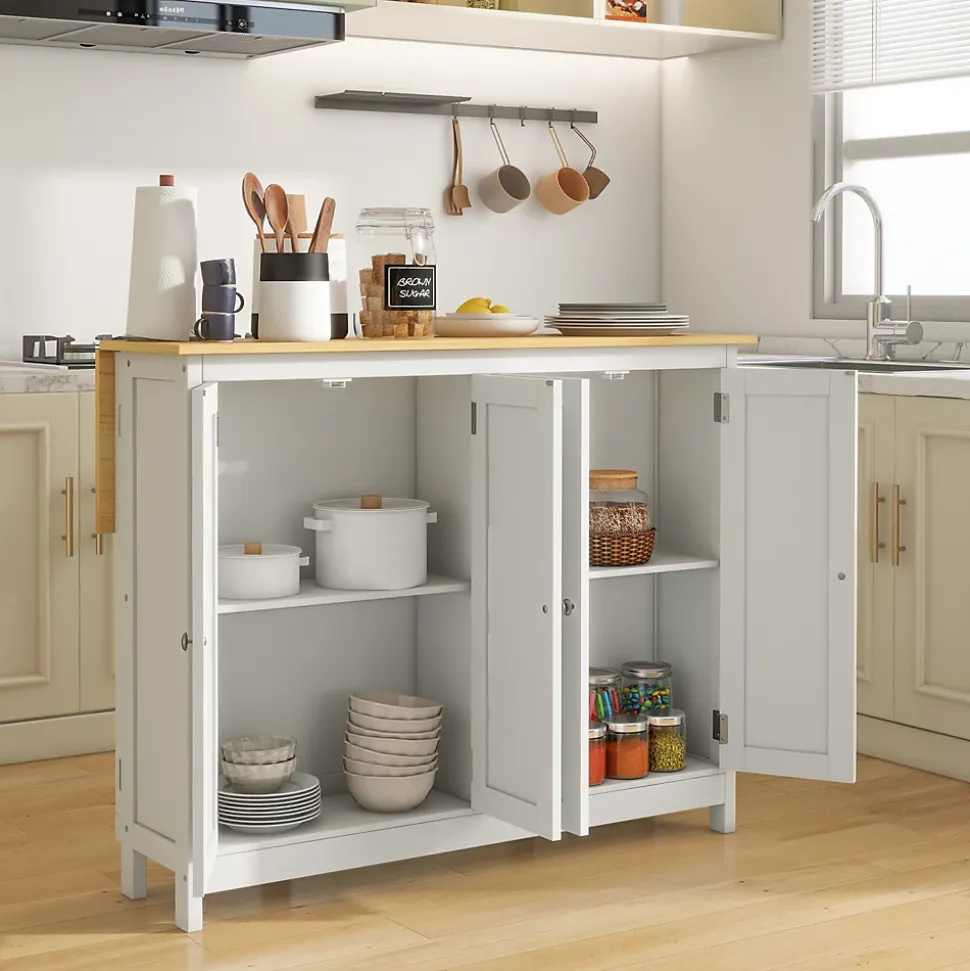 Ensemble îlot central de cuisine 2 tabourets de bar - 4 portes, 2 étagères - plateau, pans rabattable - blanc chêne clair verni