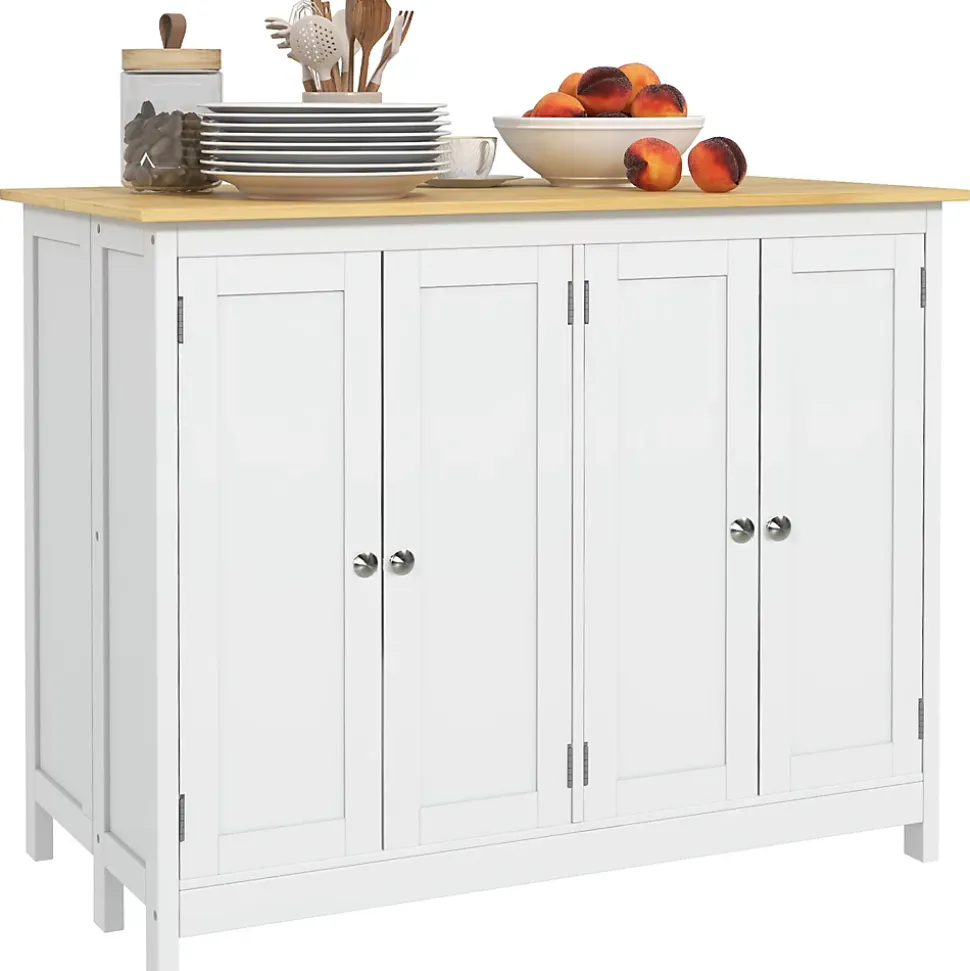 Ensemble îlot central de cuisine 2 tabourets de bar - 4 portes, 2 étagères - plateau, pans rabattable - blanc chêne clair verni