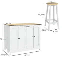 Ensemble îlot central de cuisine 2 tabourets de bar - 4 portes, 2 étagères - plateau, pans rabattable - blanc chêne clair verni