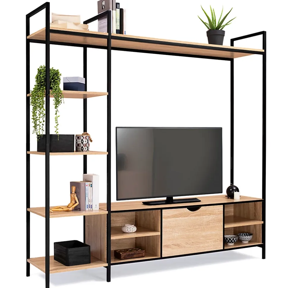 Ensemble meuble TV 170 cm DETROIT avec étagères design industriel