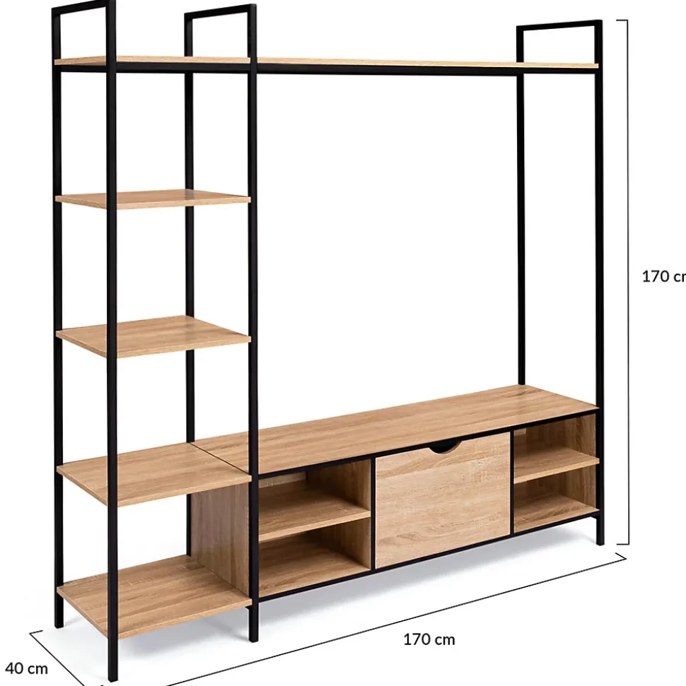 Ensemble meuble TV 170 cm DETROIT avec étagères design industriel