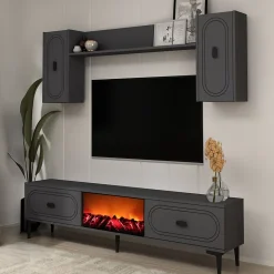 Ensemble meuble TV avec étagères murales et cheminée LED 150cm gris anthracite - VIBRA