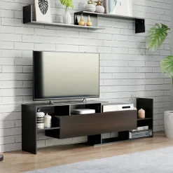 Ensemble meuble TV avec étagère murale style contemporain aspect bois noir