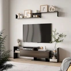 Ensemble meuble TV avec étagère murale style contemporain aspect bois noir