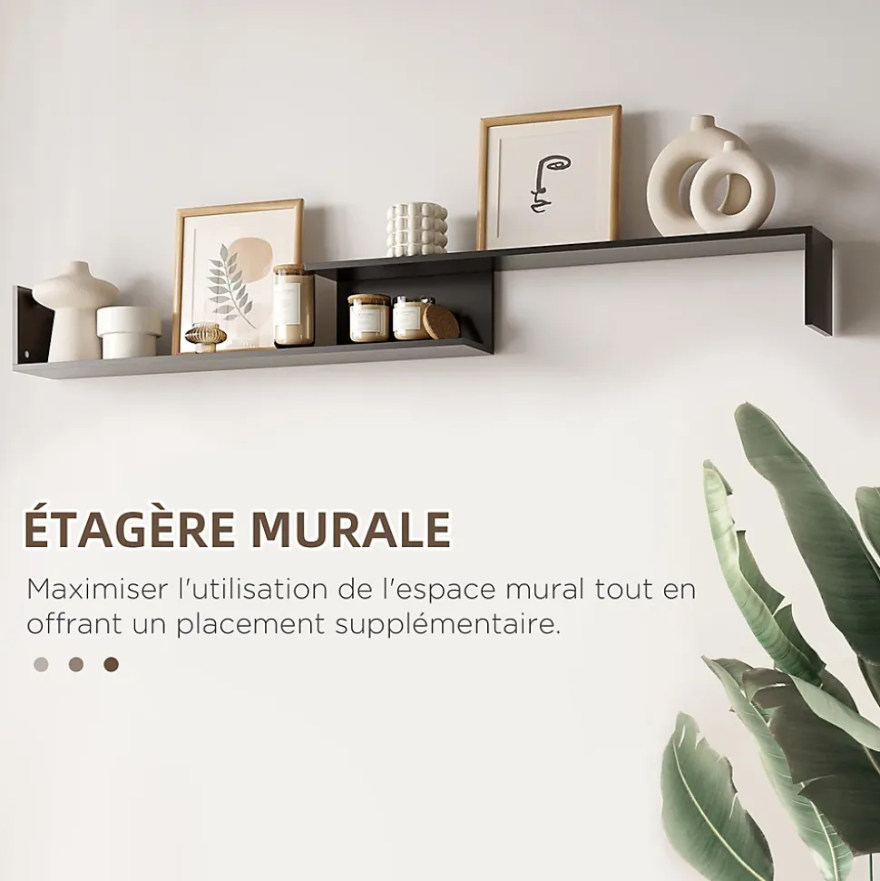 Ensemble meuble TV avec étagère murale style contemporain aspect bois noir