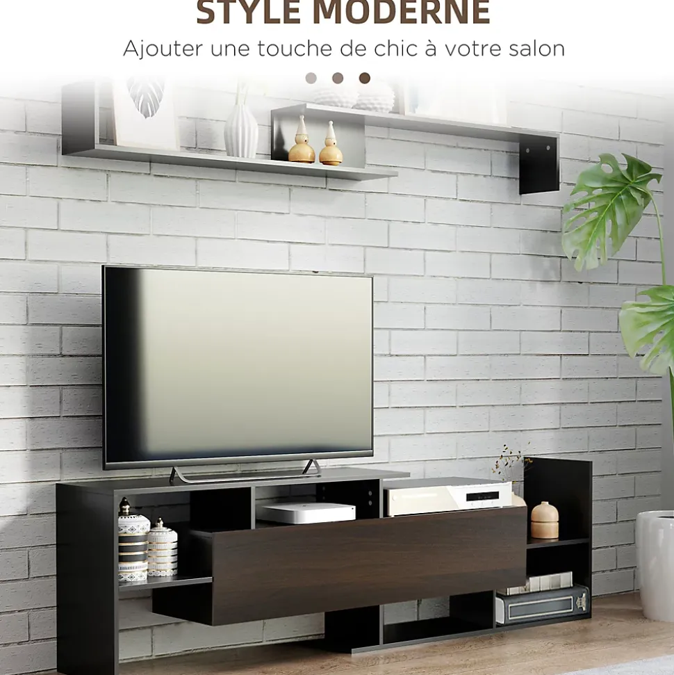 Ensemble meuble TV avec étagère murale style contemporain aspect bois noir